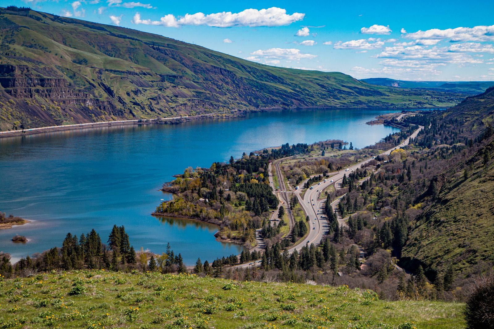 The Columbia River and a winding road seen from Rowena Crest in the Columbia River Gorge, Oregon
